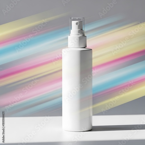 White cosmetic spray bottle mockup for product branding against a vibrant, colorful abstract background with diagonal stripes