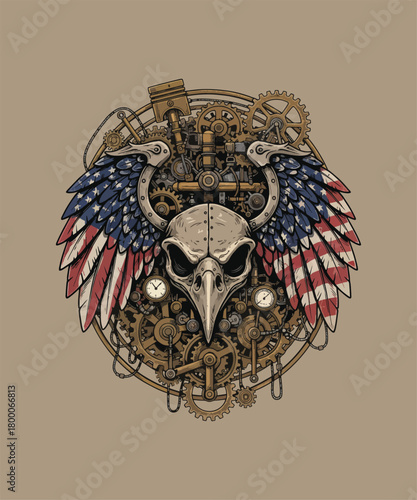  Steampunk Eagle Skull with American Flag Wings and intricate Gears design