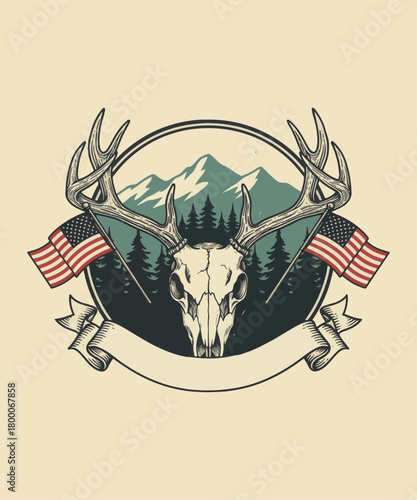 Vintage Deer Skull American Flag Emblem Design Representing Outdoors Heritage Wildlife Conservation