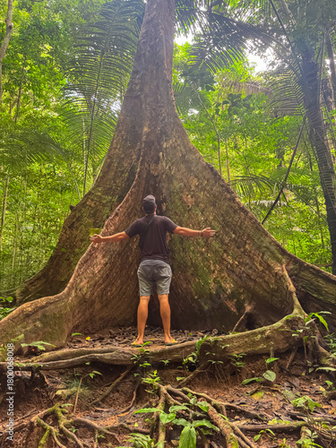 A man with arms outstretched stands in awe before a gigantic, ancient tree with massive buttress roots, connecting with the powerful, wild nature of the lush tropical jungle in Krabi, Thailand.