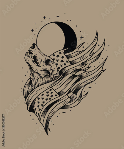 Wolf Skull with American Flag and Moon Illustration Graphic Design Styl
