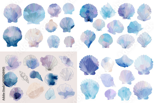Watercolor seashell clipart in cool blue and violet tones scallop and conch shapes, softly textured and isolated on white. Perfect for coastal branding, invitations, patterns, and decor.