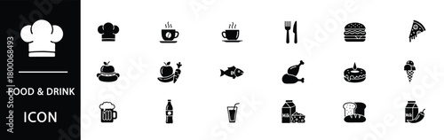 Culinary icons showcasing food and drink variety for restaurant menus, cooking blogs, and healthy lifestyle designs with coffee, burger, pizza, and more