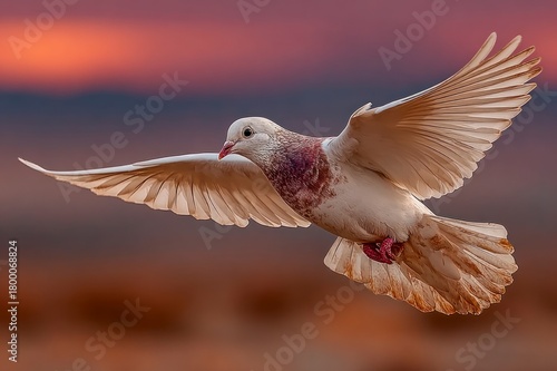 White dove flying in the sky at sunset representing freedom, peace, and hopemage