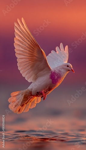 White dove flying in sunset sky symbolizing peace and hope