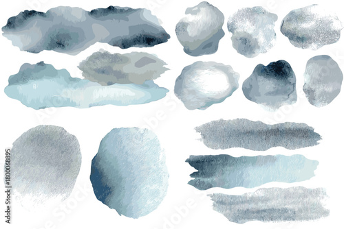 Abstract watercolor brush shapes in cool gray-blue washes strokes, blobs, and textures, isolated on white. Great for overlays, backgrounds, posters, cards, and minimalist branding.