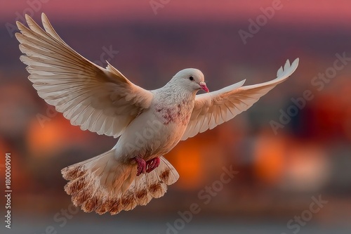 White dove flying in the sky at sunset representing freedom, peace, and hopemage