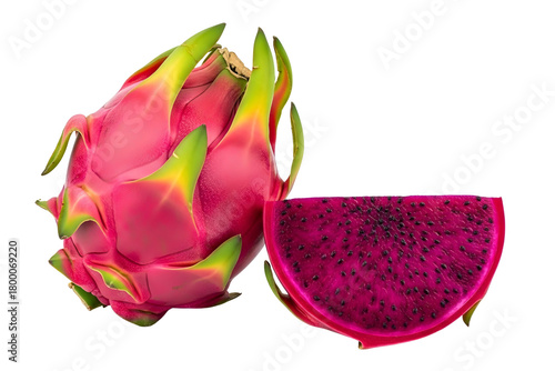Whole and sliced red pitahaya fruit, vibrant tropical healthy isolated on transparent background