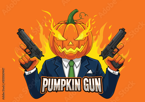 Fiery pumpkin head character with guns gaming logo - Gaming logo - Gaming Mascot - esport mascot vector illustration