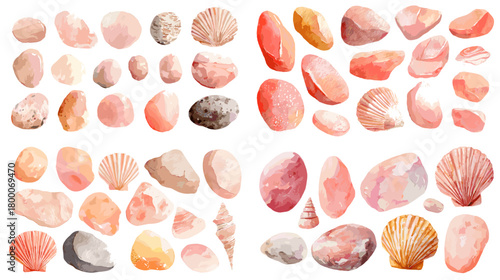 Watercolor seashell and pebble bundle in soft peach tones conch, scallop, and spiral shells, isolated on white. Ideal for beach invitations, branding, posters, crafts, and patterns.
