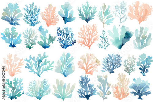 Pastel coral collection in blue and peach gradients. Assorted fan and branching marine plants, isolated clipart for nautical invitations, prints, patterns, branding, and beach decor.