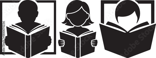 Illustrations of students reading books in black and white design