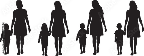Silhouettes of mothers and children walking together in black and white
