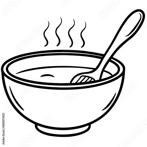 Bowl of hot soup with spoon, simple drawing
