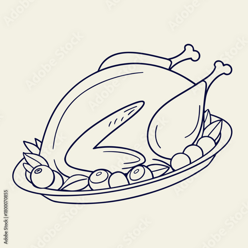 Illustration of a roasted turkey on a platter with cranberries and leaves