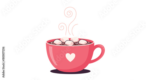 Warm cup of hot chocolate with marshmallows and steam rising in a cute pink mug decorated with a heart.