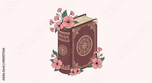An ancient ornate book adorned with delicate pink flowers and green leaves sitting against a soft pink background, evoking a sense of forgotten lore and gentle beauty.