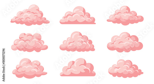 A collection of fluffy pink cumulus clouds in various shapes and sizes against a white background.