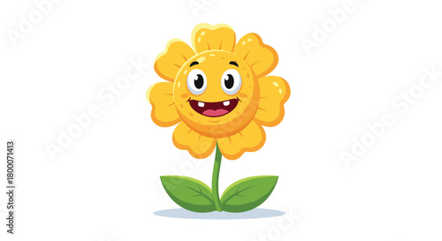 A cheerful yellow cartoon flower with a wide smile and big eyes stands on a green stem with two leaves.