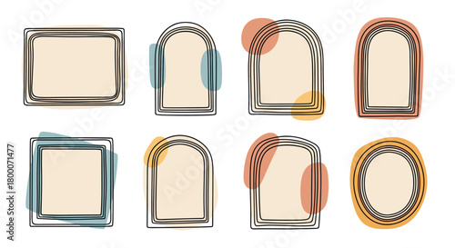 A collection of abstract decorative frames with subtle brushstroke details and pastel color splashes.