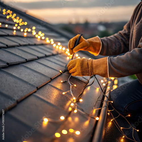 Person installing Christmas lights on roof edge at dusk winter holiday