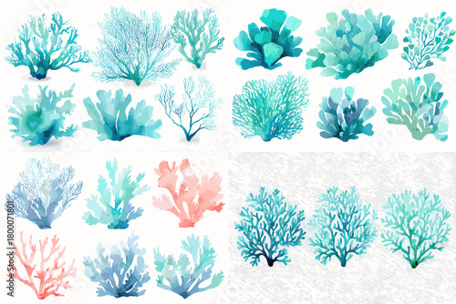 Watercolor coral clipart set in aqua and teal tones—fan and branching reef shapes, isolated on white. Perfect for coastal branding, invitations, patterns, posters, and ocean decor.