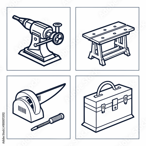 Illustration of woodworking tools in squares isolated on