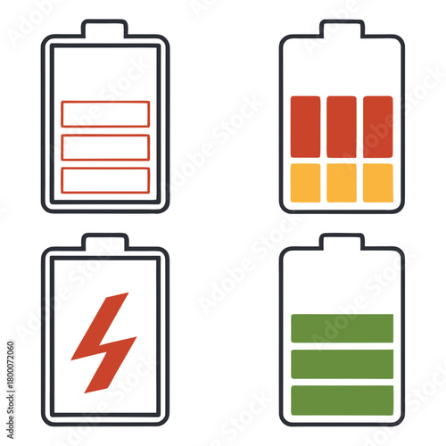 Battery charge level indicator icons isolated on for design