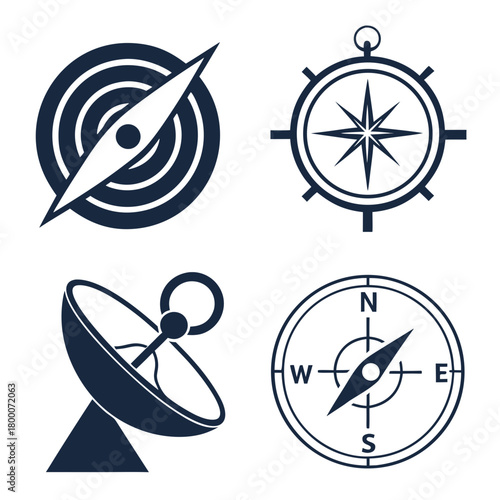 Four navigation icons isolated on, compass and radar symbols