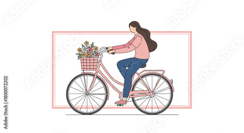 A young woman rides a pink bicycle with a basket full of flowers on a sunny day.