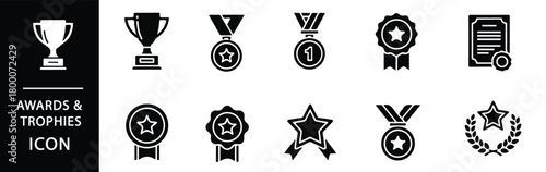 Celebrate success with these sleek awards icons featuring trophies, medals, and certificates for business, education, or sporting achievements