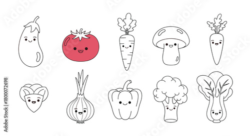 A collection of ten cute cartoon vegetables with happy faces and simple outlines.