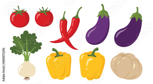 A colorful assortment of fresh vegetables including tomatoes chili peppers eggplants bell peppers cabbage and radishes for healthy cooking and nutrition.