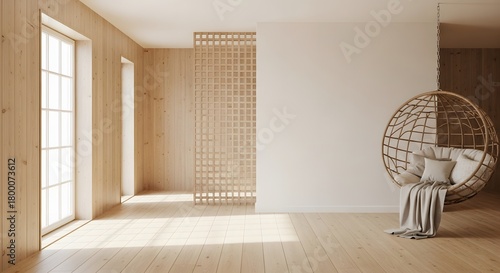 Scandinavian interior with hanging chair and wood paneling