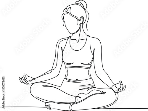 Continuous line drawing of a woman sitting in lotus yoga pose meditating simple stylized single stroke illustration vector graphic