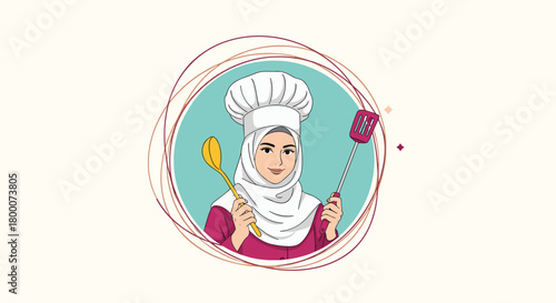 A Muslim woman wearing a chef's hat and hijab holds cooking utensils in a circular frame on a light beige background.