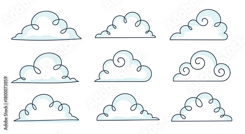 A collection of nine fluffy cartoon clouds with dotted outlines and a hint of blue shading.