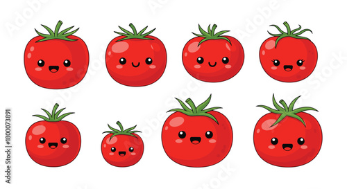 Cute cartoon tomatoes smiling and happy on a white background.