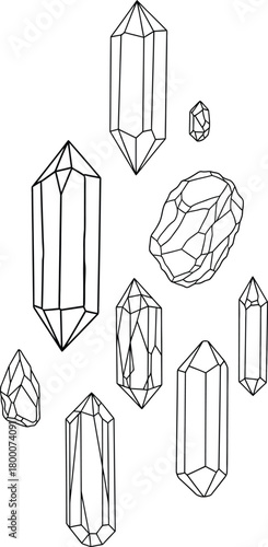 Set of black linear quartz and gem crystal icons collection drawing in line art style for spiritual and esoteric designs background