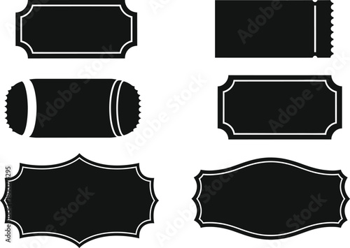 Collection of six black silhouettes of vintage and modern ticket shapes and labels for design