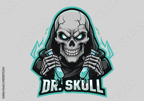 Gamer skull logo with glowing green aura and vials - Gaming logo - Gaming Mascot - esport mascot vector illustration
