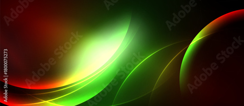 Abstract vibrant waves blend red, green, yellow hues. Smooth curves create dynamic visual flow, dark background emphasizes luminosity.