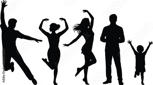 Dynamic silhouette group of people dancing, jumping, posing together, expressing joy, celebration, freedom, unity, movement, and happiness