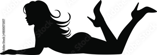 Elegant reclining woman silhouette illustration in seductive pose with flowing hair and high heels for creative design projects, vector art