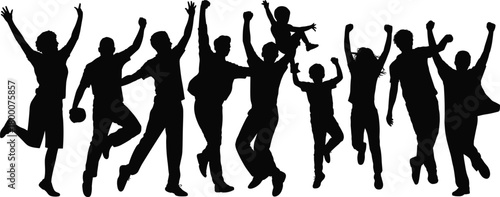 Joyful group jumping silhouettes celebrating unity and happiness outdoors, energetic people raising hands in dynamic festive motion together