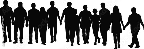 Silhouette diverse group of people walking together holding hands, unity community teamwork support concept, togetherness cooperation illustration
