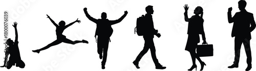 Silhouette diverse people jumping walking waving celebrating success energetic movement active lifestyle human figures isolated illustration collection