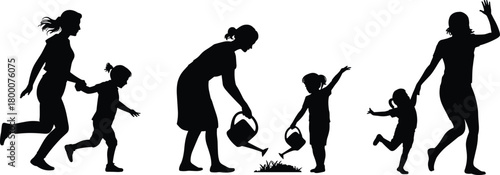 Silhouette family gardening and playing together, joyful children activities, nurturing nature, happy parents bonding, outdoor care illustration