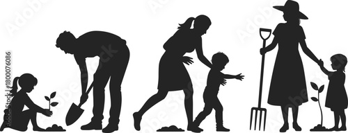 Silhouette family gardening together with children planting seedlings, digging soil, learning nature activities outdoors in wholesome educational scene