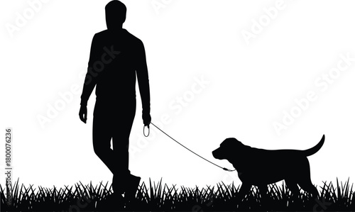 Silhouette man walking dog on grassy field, holding leash outdoors, peaceful pet exercise scene in nature at daytime